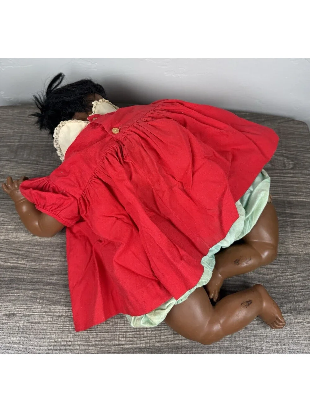 Vtg Black Baby Doll 19in Hard Plastic Sleep Eyes Red Dress Cloth Body For Repair